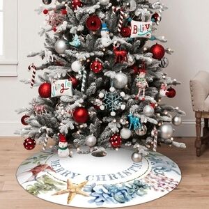 36" Christmas Tree Skirt, Tropical Coastal Beach Theme Xmas Tree Skirt for Chris